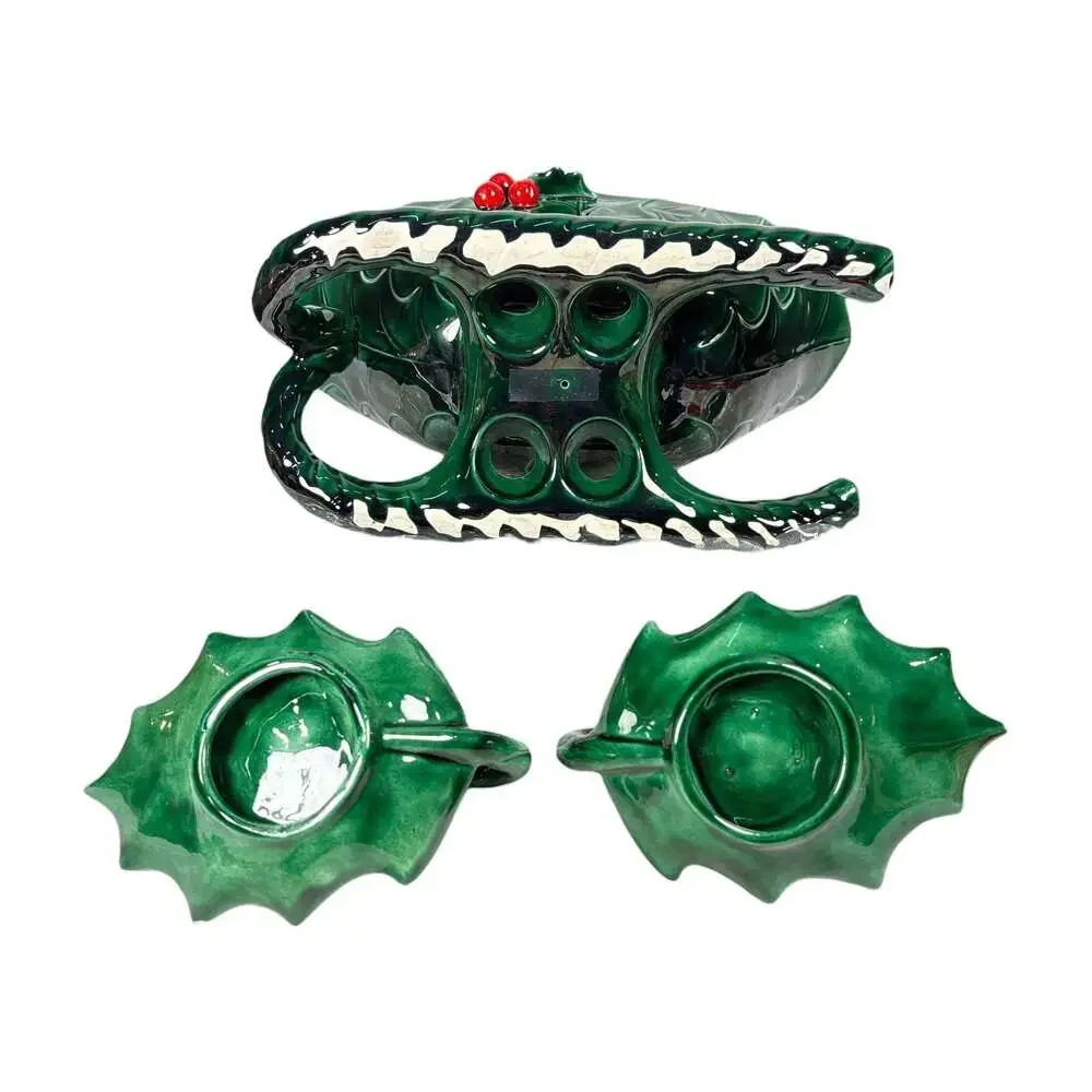 Vintage Lefton Green Holly Berry Ceramic Sleigh Candy Dish and Candle Holder Set